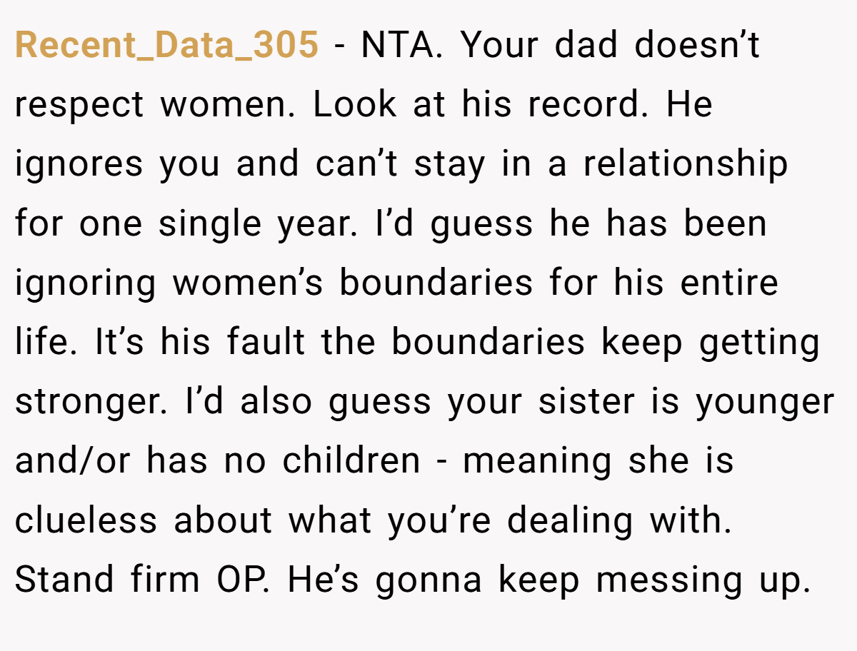 Recent_Data_305 - NTA. Your dad doesn’t respect women. Look at his record. He ignores you and can’t stay in a relationship for one single year. I’d guess he has been ignoring women’s boundaries for his entire life. It’s his fault the boundaries keep getting stronger. I’d also guess your sister is younger and/or has no children - meaning she is clueless about what you’re dealing with. Stand firm OP. He’s gonna keep messing up.