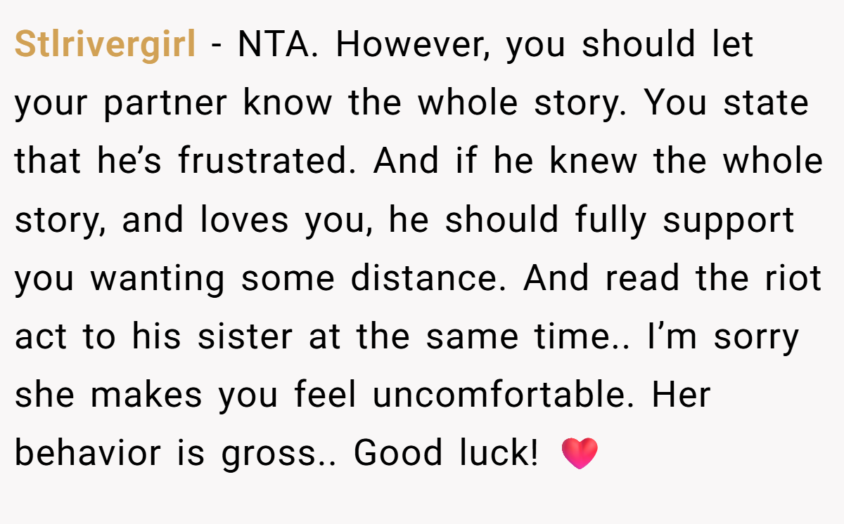 Stlrivergirl − NTA. However, you should let your partner know the whole story. You state that he’s frustrated. And if he knew the whole story, and loves you, he should fully support you wanting some distance. And read the riot act to his sister at the same time.. I’m sorry she makes you feel uncomfortable. Her behavior is gross.. Good luck! ❤️