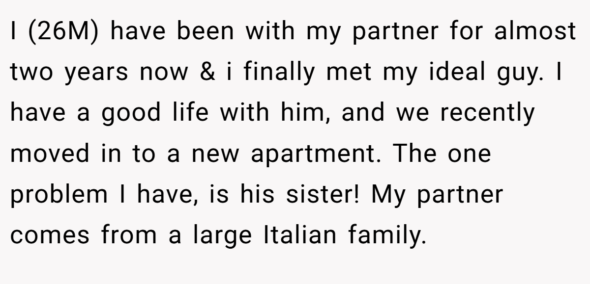 I (26M) have been with my partner for almost two years now & i finally met my ideal guy. I have a good life with him, and we recently moved in to a new apartment. The one problem I have, is his sister! My partner comes from a large Italian family.