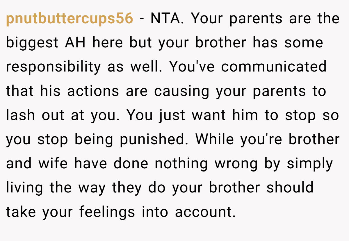 pnutbuttercups56 −  NTA. Your parents are the biggest AH here but your brother has some responsibility as well. You've communicated that his actions are causing your parents to lash out at you. You just want him to stop so you stop being punished. While you're brother and wife have done nothing wrong by simply living the way they do your brother should take your feelings into account.
