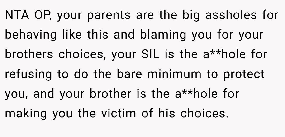 NTA OP, your parents are the big assholes for behaving like this and blaming you for your brothers choices, your SIL is the a**hole for refusing to do the bare minimum to protect you, and your brother is the a**hole for making you the victim of his choices.