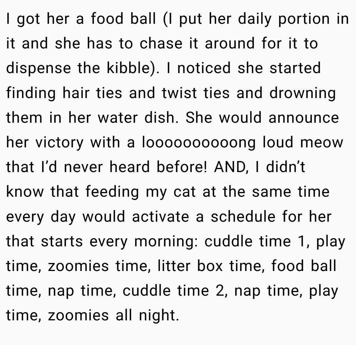 I got her a food ball (I put her daily portion in it and she has to chase it around for it to dispense the kibble). I noticed she started finding hair ties and twist ties and drowning them in her water dish. She would announce her victory with a loooooooooong loud meow that I’d never heard before! AND, I didn’t know that feeding my cat at the same time every day would activate a schedule for her that starts every morning: cuddle time 1, play time, zoomies time, litter box time, food ball time, nap time, cuddle time 2, nap time, play time, zoomies all night.