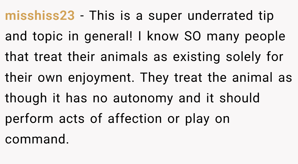 misshiss23 − This is a super underrated tip and topic in general! I know SO many people that treat their animals as existing solely for their own enjoyment. They treat the animal as though it has no autonomy and it should perform acts of affection or play on command.