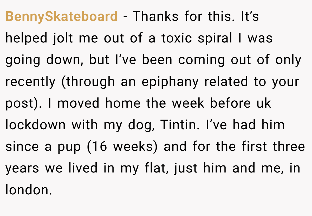 BennySkateboard − Thanks for this. It’s helped jolt me out of a toxic spiral I was going down, but I’ve been coming out of only recently (through an epiphany related to your post). I moved home the week before uk lockdown with my dog, Tintin. I’ve had him since a pup (16 weeks) and for the first three years we lived in my flat, just him and me, in london.