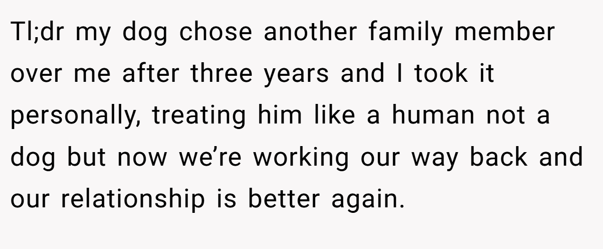 Tl;dr my dog chose another family member over me after three years and I took it personally, treating him like a human not a dog but now we’re working our way back and our relationship is better again.