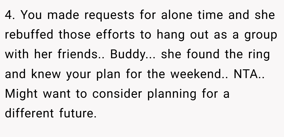 4. You made requests for alone time and she rebuffed those efforts to hang out as a group with her friends.. Buddy... she found the ring and knew your plan for the weekend.. NTA.. Might want to consider planning for a different future.
