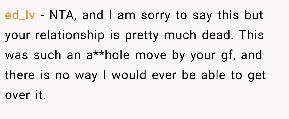 ed_lv − NTA, and I am sorry to say this but your relationship is pretty much dead. This was such an a**hole move by your gf, and there is no way I would ever be able to get over it.
