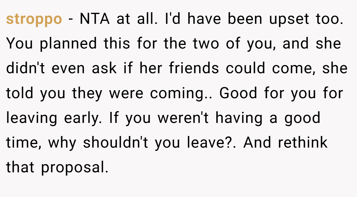 stroppo − NTA at all. I'd have been upset too. You planned this for the two of you, and she didn't even ask if her friends could come, she told you they were coming.. Good for you for leaving early. If you weren't having a good time, why shouldn't you leave?. And rethink that proposal.