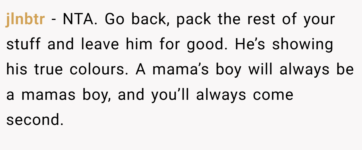 jlnbtr - NTA. Go back, pack the rest of your stuff and leave him for good. He’s showing his true colours. A mama’s boy will always be a mamas boy, and you’ll always come second.