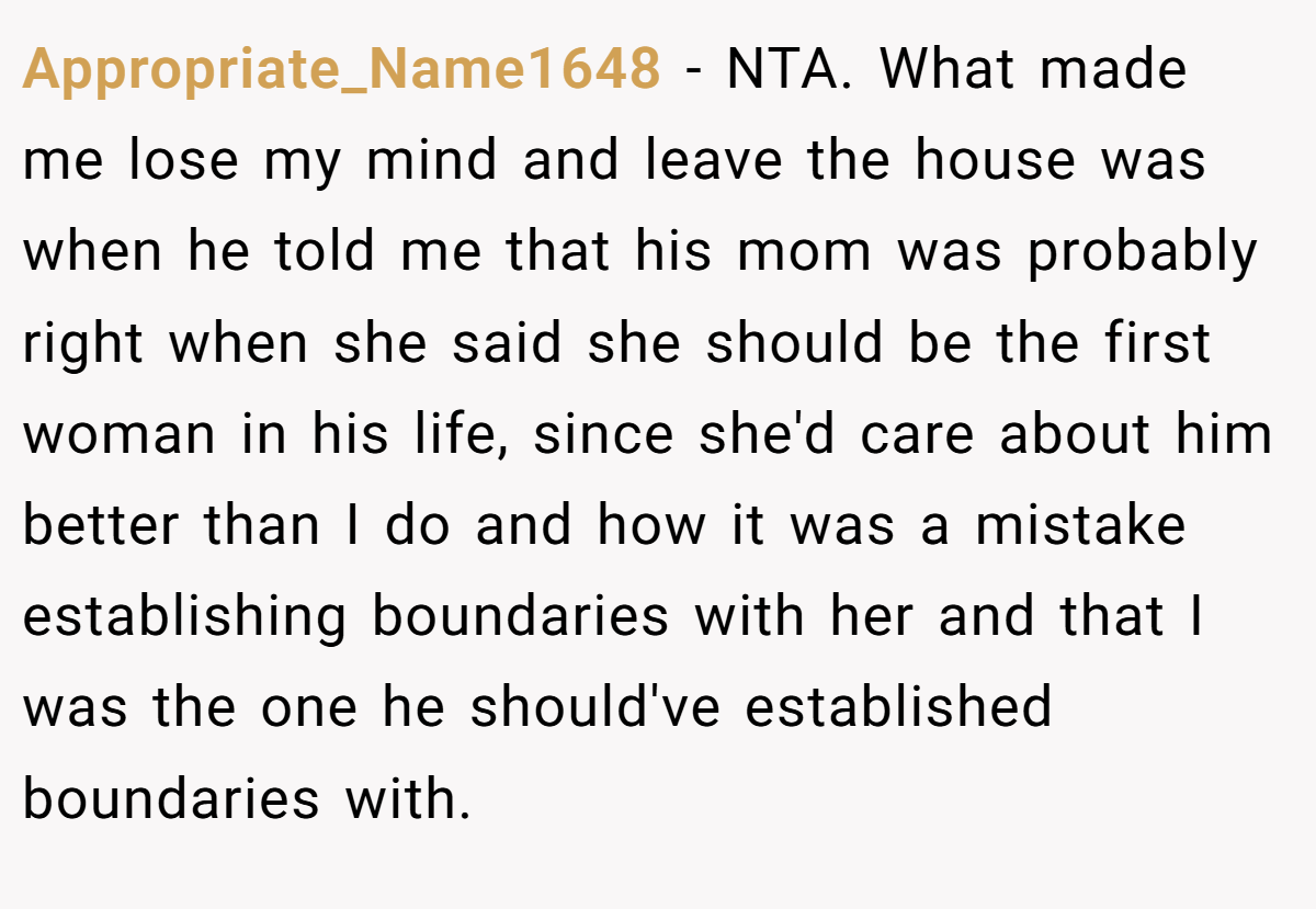 Appropriate_Name1648 - NTA. What made me lose my mind and leave the house was when he told me that his mom was probably right when she said she should be the first woman in his life, since she'd care about him better than I do and how it was a mistake establishing boundaries with her and that I was the one he should've established boundaries with.