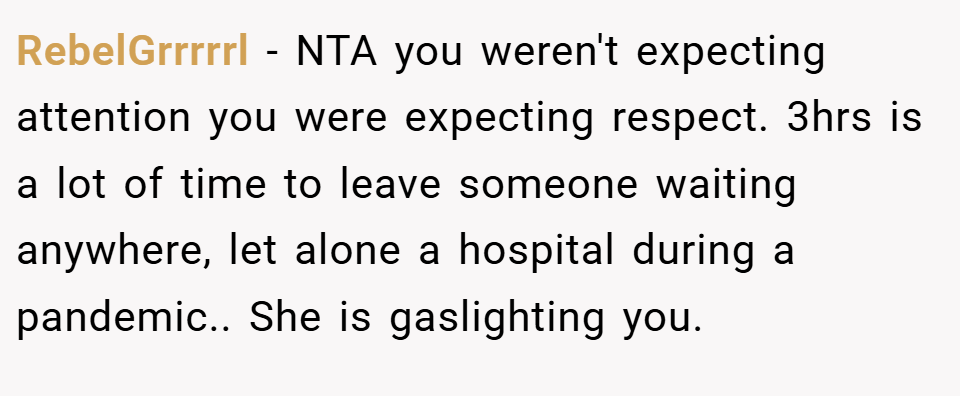 RebelGrrrrrl − NTA you weren't expecting attention you were expecting respect. 3hrs is a lot of time to leave someone waiting anywhere, let alone a hospital during a pandemic.. She is gaslighting you. 