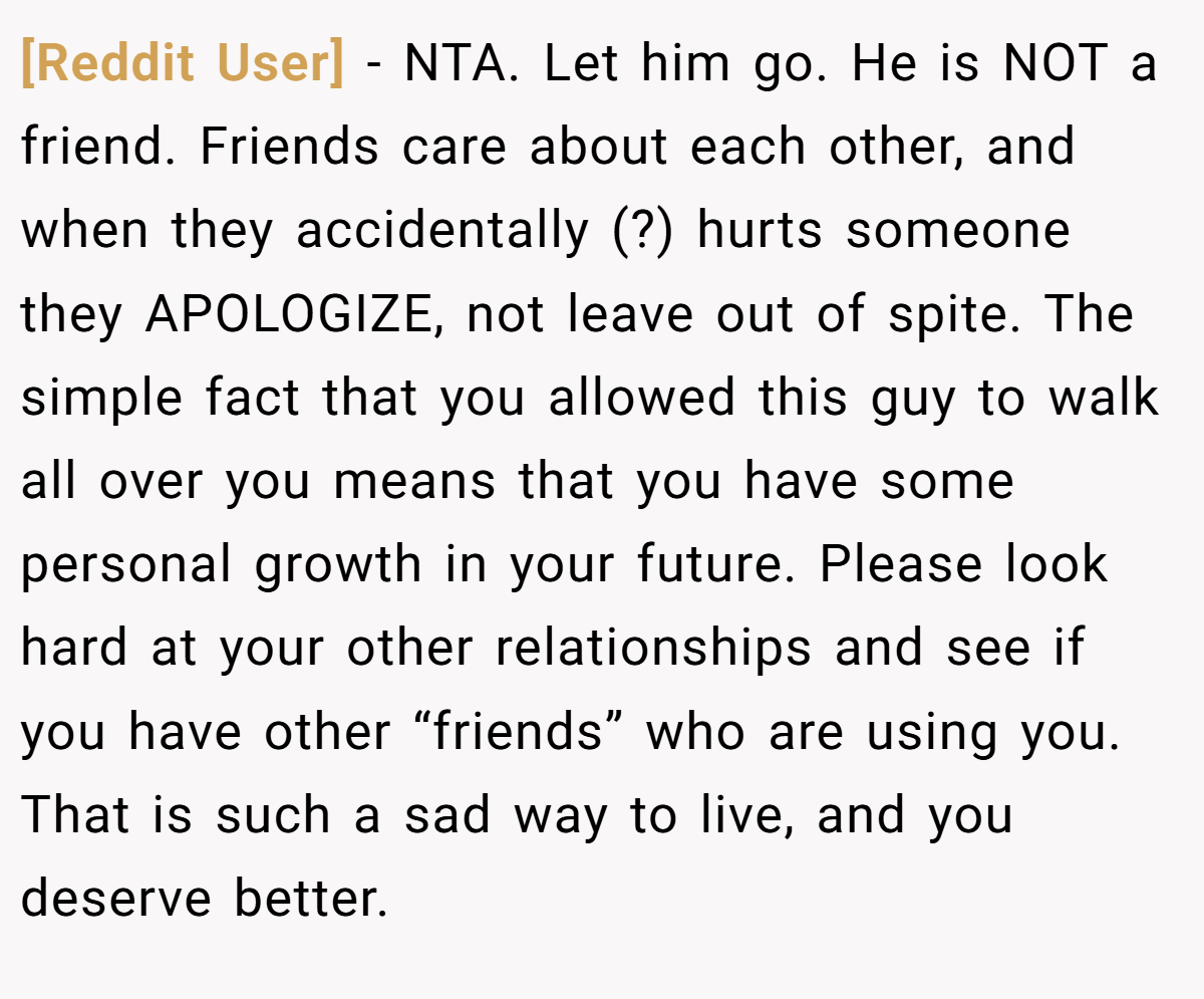 [Reddit User] - NTA. Let him go. He is NOT a friend. Friends care about each other, and when they accidentally (?) hurts someone they APOLOGIZE, not leave out of spite. The simple fact that you allowed this guy to walk all over you means that you have some personal growth in your future. Please look hard at your other relationships and see if you have other “friends” who are using you. That is such a sad way to live, and you deserve better.