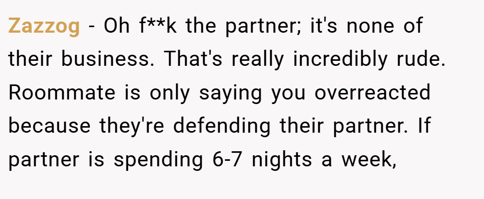 Zazzog − Oh f**k the partner; it's none of their business. That's really incredibly rude. Roommate is only saying you overreacted because they're defending their partner. If partner is spending 6-7 nights a week,