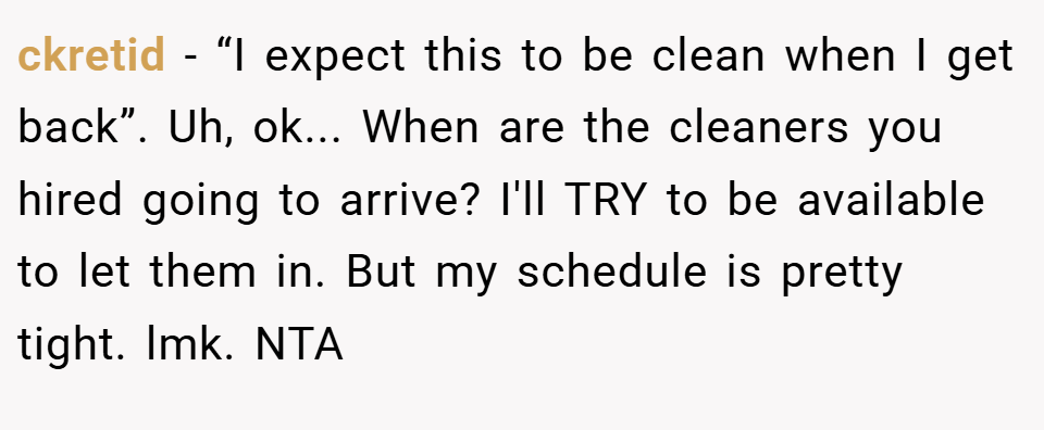 ckretid − “I expect this to be clean when I get back”. Uh, ok... When are the cleaners you hired going to arrive? I'll TRY to be available to let them in. But my schedule is pretty tight. lmk. NTA