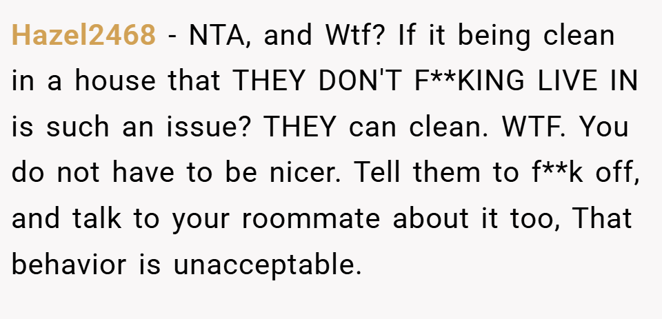 Hazel2468 − NTA, and Wtf? If it being clean in a house that THEY DON'T F**KING LIVE IN is such an issue? THEY can clean. WTF. You do not have to be nicer. Tell them to f**k off, and talk to your roommate about it too, That behavior is unacceptable.
