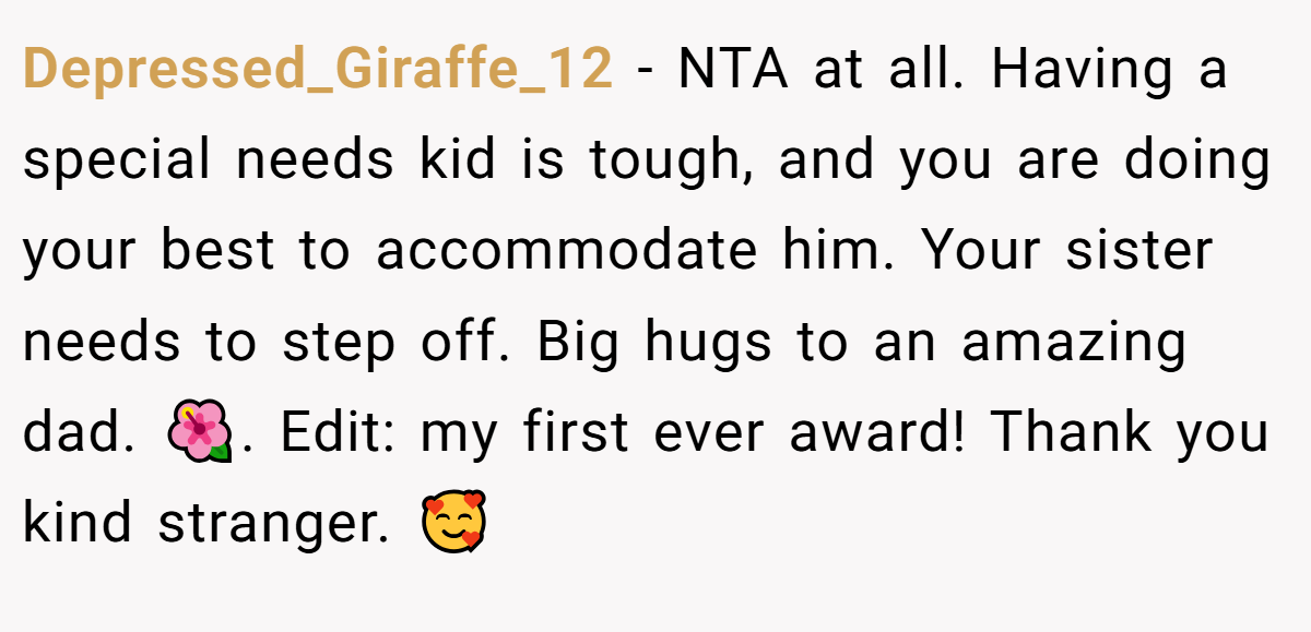 Depressed_Giraffe_12 − NTA at all. Having a special needs kid is tough, and you are doing your best to accommodate him. Your sister needs to step off. Big hugs to an amazing dad. 🌺. Edit: my first ever award! Thank you kind stranger. 🥰