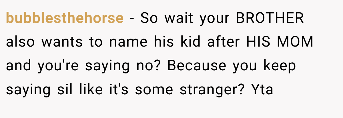 bubblesthehorse - So wait your BROTHER also wants to name his kid after HIS MOM and you're saying no? Because you keep saying sil like it's some stranger? Yta