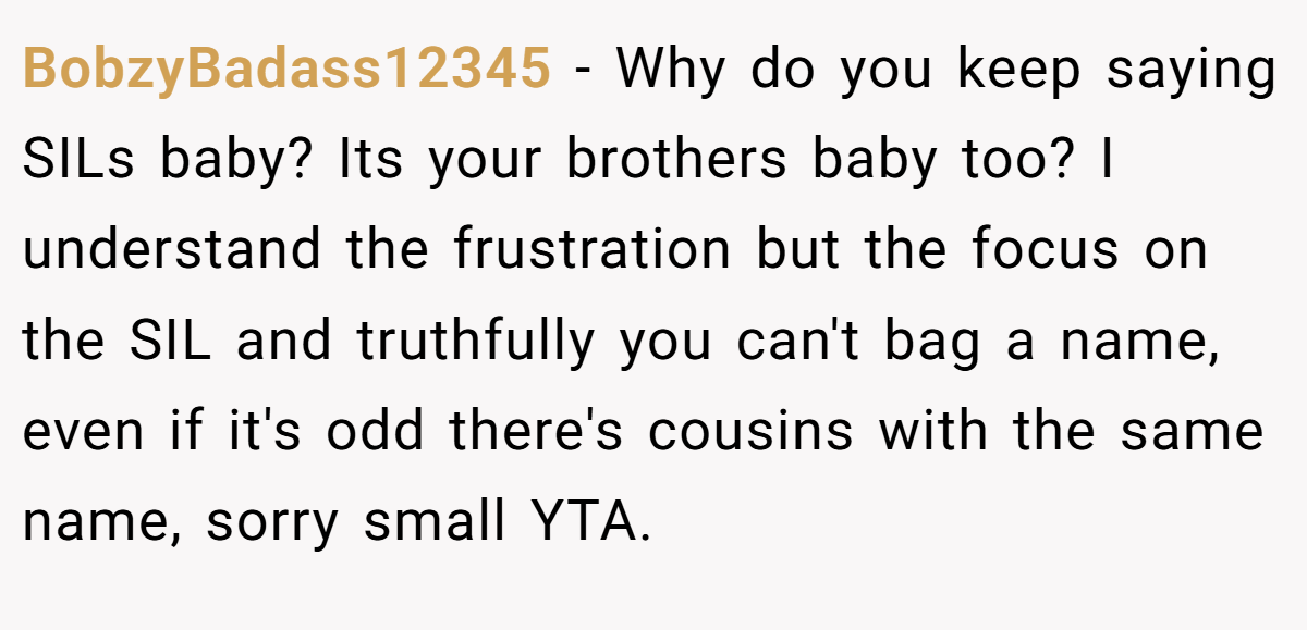 BobzyBadass12345 - Why do you keep saying SILs baby? Its your brothers baby too? I understand the frustration but the focus on the SIL and truthfully you can't bag a name, even if it's odd there's cousins with the same name, sorry small YTA.