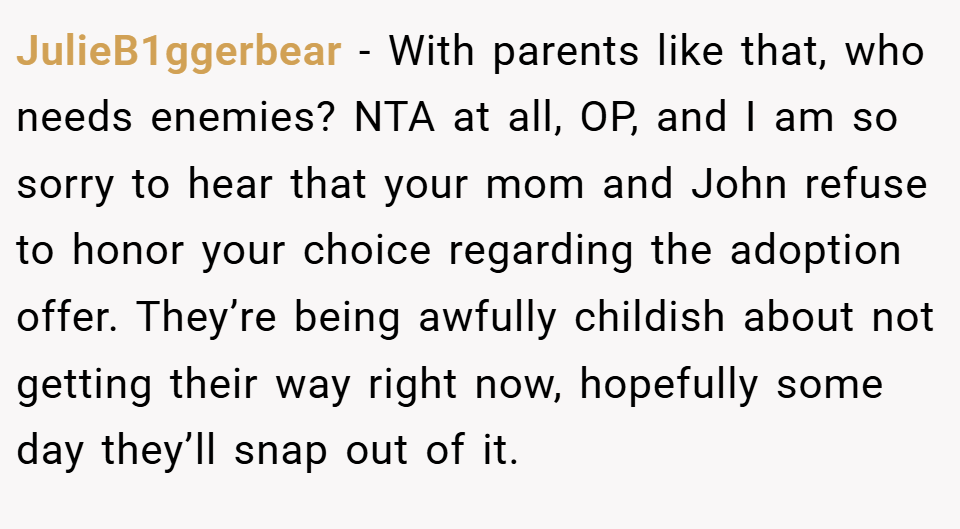 JulieB1ggerbear − With parents like that, who needs enemies? NTA at all, OP, and I am so sorry to hear that your mom and John refuse to honor your choice regarding the adoption offer. They’re being awfully childish about not getting their way right now, hopefully some day they’ll snap out of it.