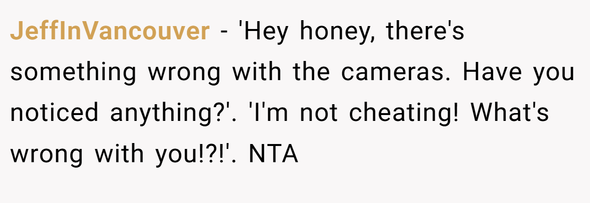 JeffInVancouver − 'Hey honey, there's something wrong with the cameras. Have you noticed anything?'. 'I'm not cheating! What's wrong with you!?!'. NTA