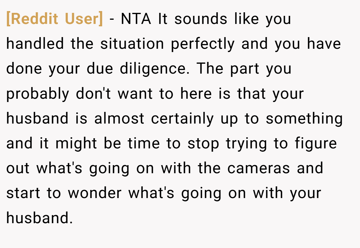 [Reddit User] − NTA It sounds like you handled the situation perfectly and you have done your due diligence. The part you probably don't want to here is that your husband is almost certainly up to something and it might be time to stop trying to figure out what's going on with the cameras and start to wonder what's going on with your husband.