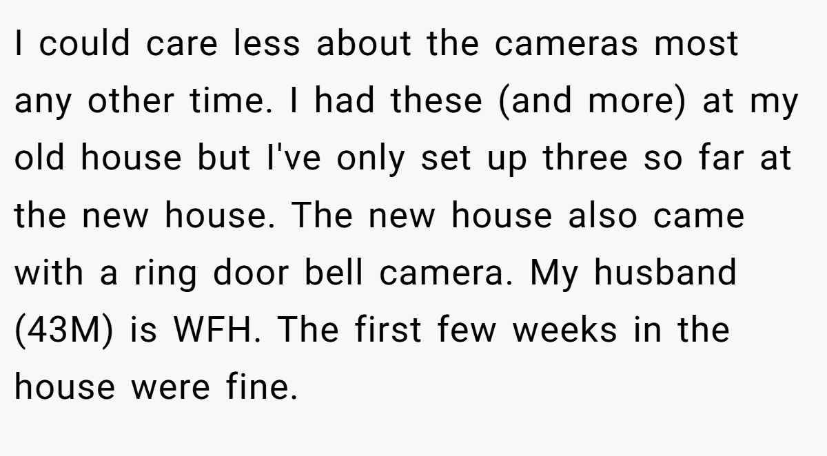 I could care less about the cameras most any other time. I had these (and more) at my old house but I've only set up three so far at the new house. The new house also came with a ring door bell camera. My husband (43M) is WFH. The first few weeks in the house were fine.
