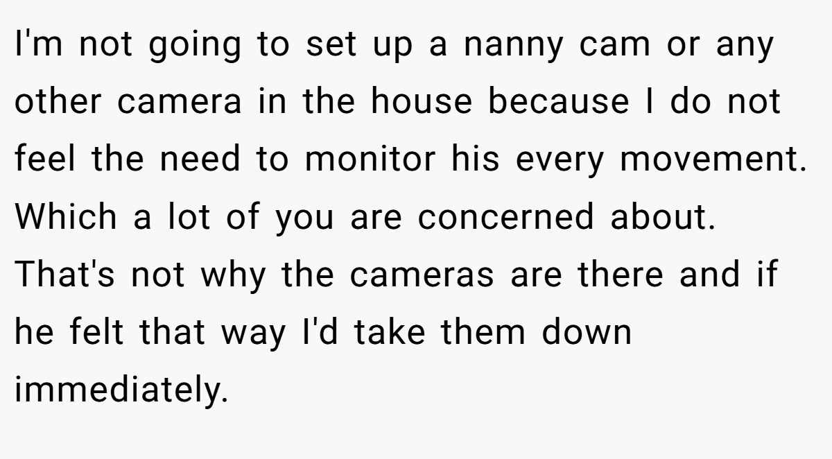 I'm not going to set up a nanny cam or any other camera in the house because I do not feel the need to monitor his every movement. Which a lot of you are concerned about. That's not why the cameras are there and if he felt that way I'd take them down immediately.