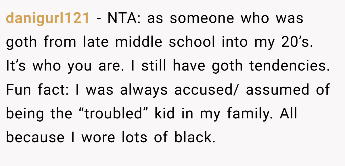 danigurl121 − NTA: as someone who was goth from late middle school into my 20’s. It’s who you are. I still have goth tendencies. Fun fact: I was always accused/ assumed of being the “troubled” kid in my family. All because I wore lots of black.