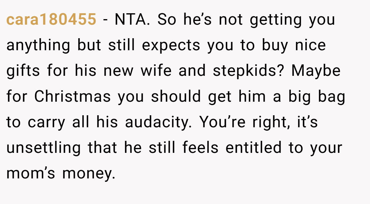 cara180455 − NTA. So he’s not getting you anything but still expects you to buy nice gifts for his new wife and stepkids? Maybe for Christmas you should get him a big bag to carry all his audacity. You’re right, it’s unsettling that he still feels entitled to your mom’s money.