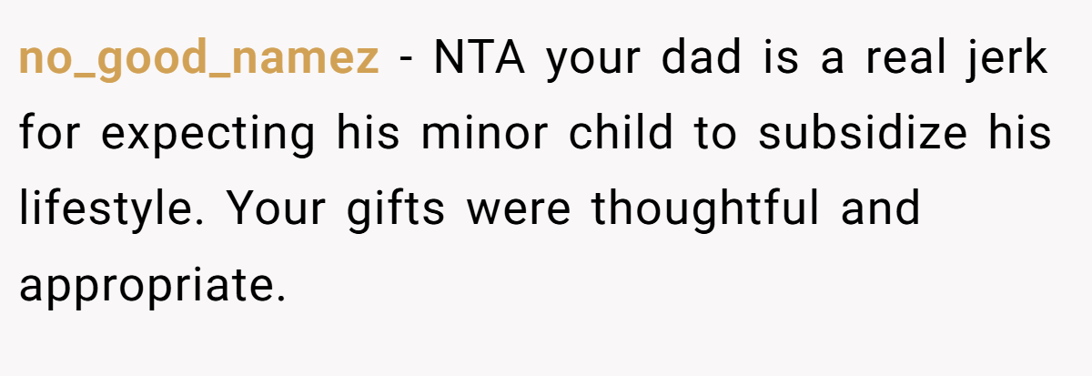no_good_namez − NTA your dad is a real jerk for expecting his minor child to subsidize his lifestyle. Your gifts were thoughtful and appropriate.