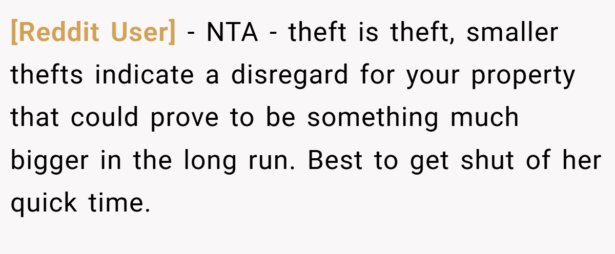 [Reddit User] - NTA - theft is theft, smaller thefts indicate a disregard for your property that could prove to be something much bigger in the long run. Best to get shut of her quick time.