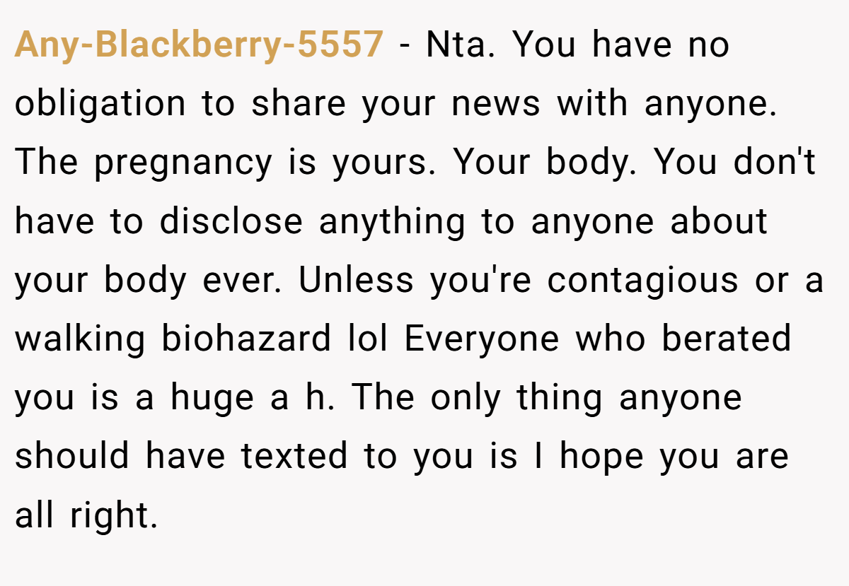 Any-Blackberry-5557 - Nta. You have no obligation to share your news with anyone. The pregnancy is yours. Your body. You don't have to disclose anything to anyone about your body ever. Unless you're contagious or a walking biohazard lol Everyone who berated you is a huge a h. The only thing anyone should have texted to you is I hope you are all right.