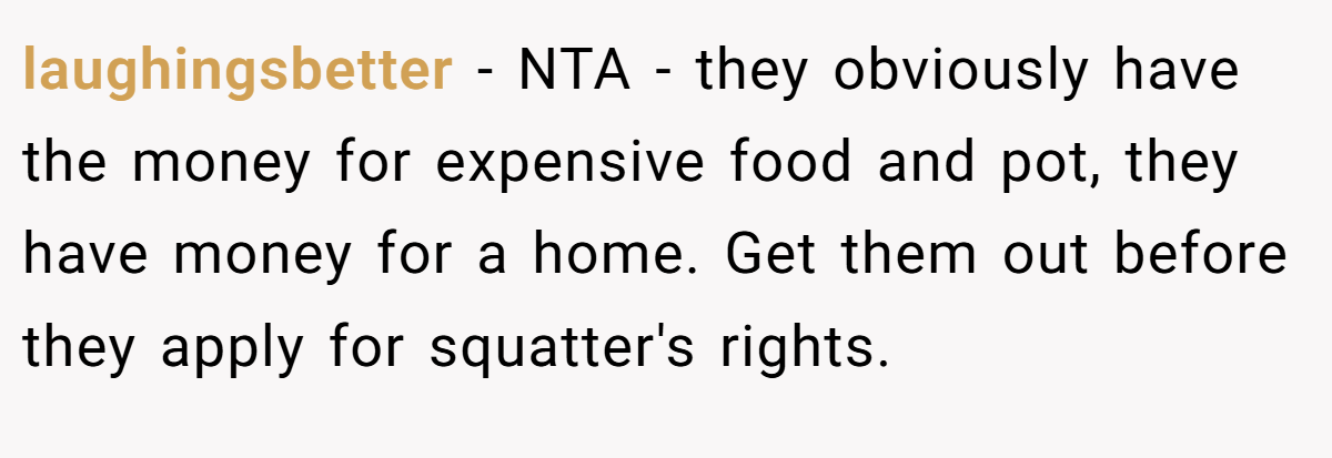 laughingsbetter − NTA - they obviously have the money for expensive food and pot, they have money for a home. Get them out before they apply for squatter's rights.