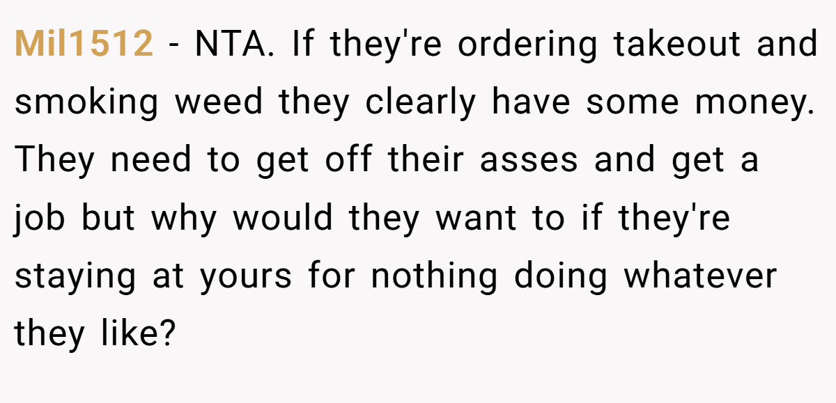Mil1512 − NTA. If they're ordering takeout and smoking weed they clearly have some money. They need to get off their asses and get a job but why would they want to if they're staying at yours for nothing doing whatever they like?