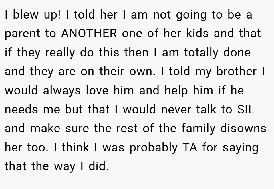 I blew up! I told her I am not going to be a parent to ANOTHER one of her kids and that if they really do this then I am totally done and they are on their own. I told my brother I would always love him and help him if he needs me but that I would never talk to SIL and make sure the rest of the family disowns her too. I think I was probably TA for saying that the way I did.