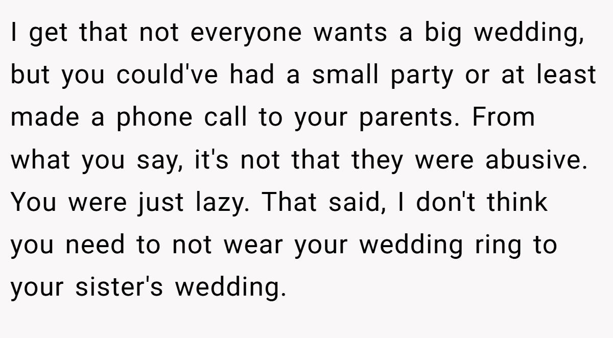 I get that not everyone wants a big wedding, but you could've had a small party or at least made a phone call to your parents. From what you say, it's not that they were abusive. You were just lazy. That said, I don't think you need to not wear your wedding ring to your sister's wedding.