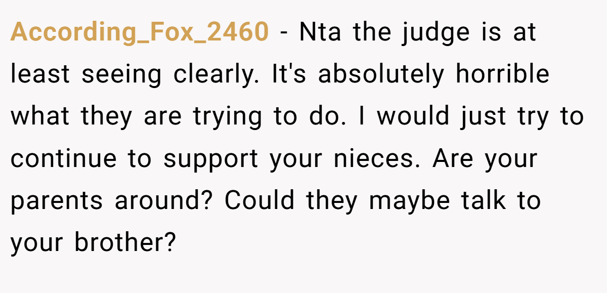 According_Fox_2460 - Nta the judge is at least seeing clearly. It's absolutely horrible what they are trying to do. I would just try to continue to support your nieces. Are your parents around? Could they maybe talk to your brother?