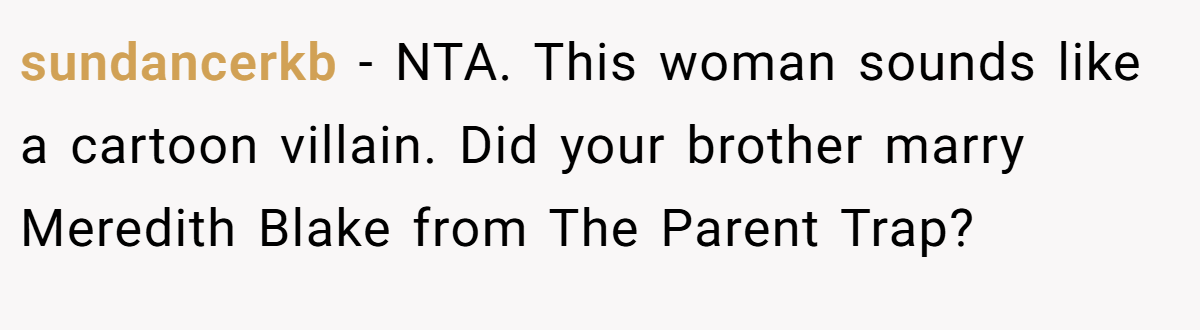 sundancerkb - NTA. This woman sounds like a cartoon villain. Did your brother marry Meredith Blake from The Parent Trap?