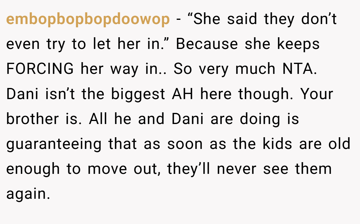 embopbopbopdoowop - “She said they don’t even try to let her in.” Because she keeps FORCING her way in.. So very much NTA. Dani isn’t the biggest AH here though. Your brother is. All he and Dani are doing is guaranteeing that as soon as the kids are old enough to move out, they’ll never see them again.
