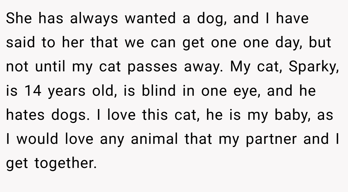 She has always wanted a dog, and I have said to her that we can get one one day, but not until my cat passes away. My cat, Sparky, is 14 years old, is blind in one eye, and he hates dogs. I love this cat, he is my baby, as I would love any animal that my partner and I get together.