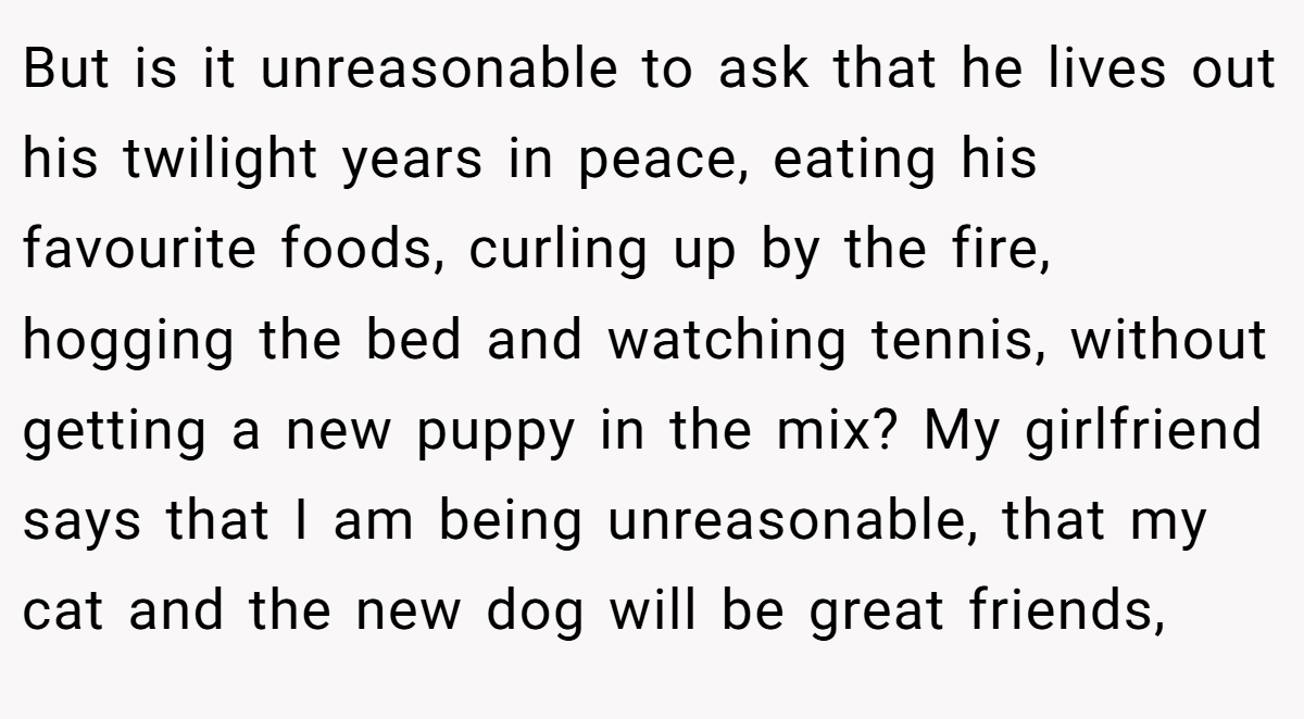 But is it unreasonable to ask that he lives out his twilight years in peace, eating his favourite foods, curling up by the fire, hogging the bed and watching tennis, without getting a new puppy in the mix? My girlfriend says that I am being unreasonable, that my cat and the new dog will be great friends,