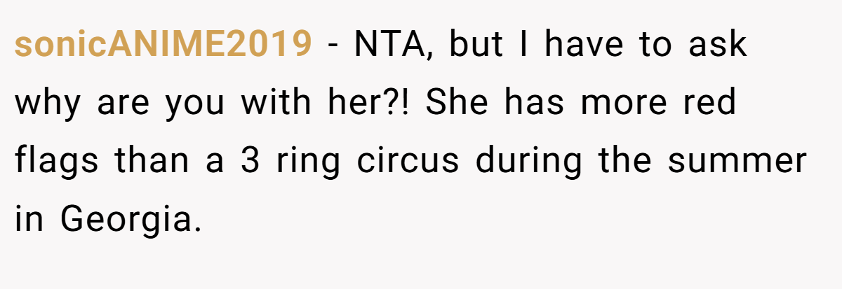 sonicANIME2019 − NTA, but I have to ask why are you with her?! She has more red flags than a 3 ring circus during the summer in Georgia.