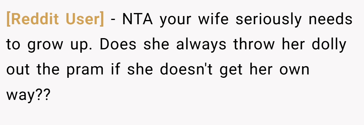 [Reddit User] − NTA your wife seriously needs to grow up. Does she always throw her dolly out the pram if she doesn't get her own way??