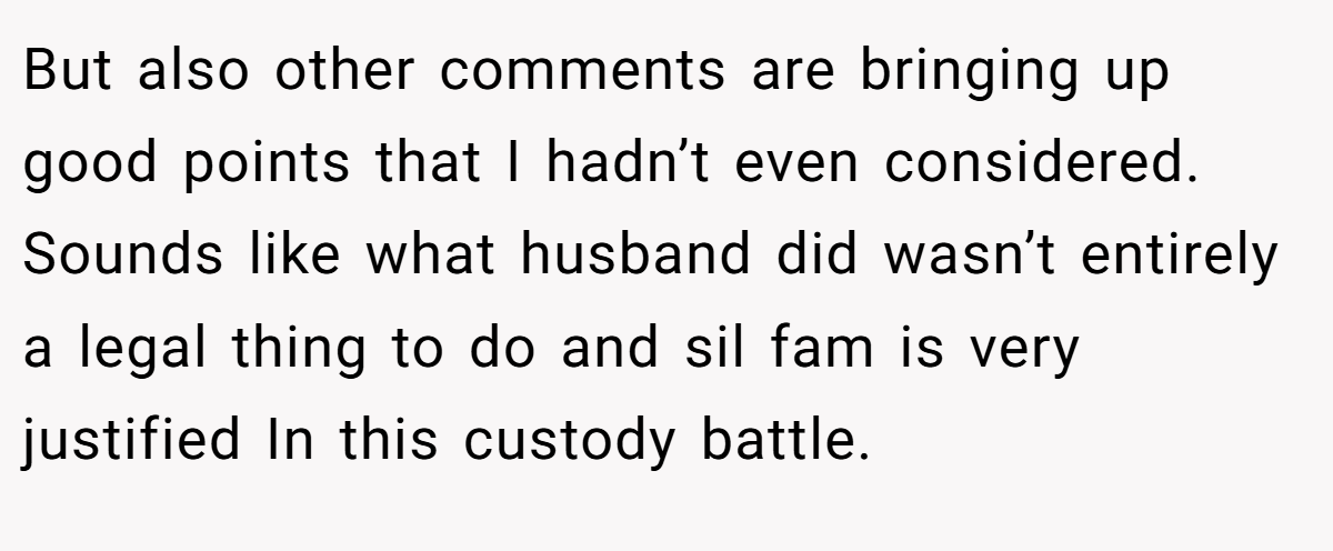 But also other comments are bringing up good points that I hadn’t even considered. Sounds like what husband did wasn’t entirely a legal thing to do and sil fam is very justified In this custody battle.
