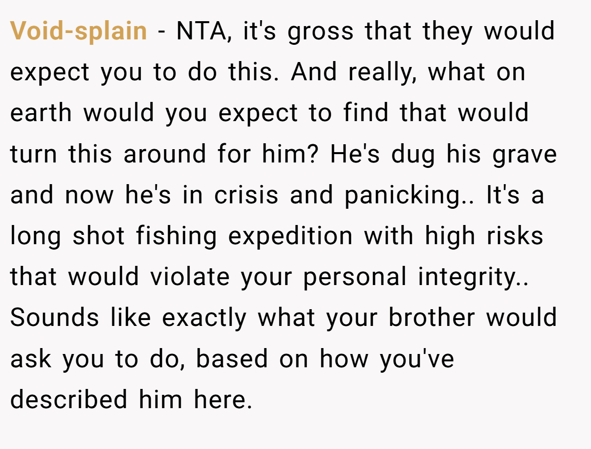 Void-splain − NTA, it's gross that they would expect you to do this. And really, what on earth would you expect to find that would turn this around for him? He's dug his grave and now he's in crisis and panicking.. It's a long shot fishing expedition with high risks that would violate your personal integrity.. Sounds like exactly what your brother would ask you to do, based on how you've described him here.