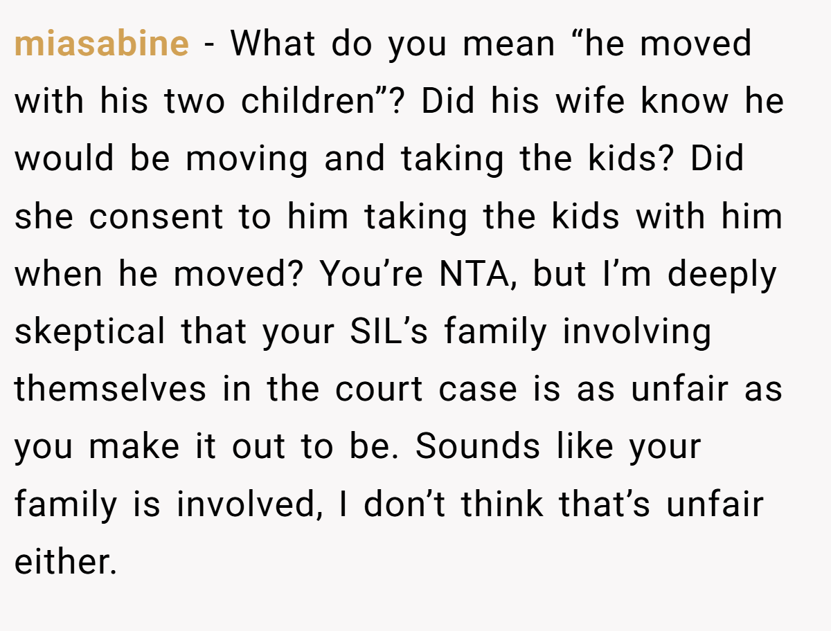 miasabine − What do you mean “he moved with his two children”? Did his wife know he would be moving and taking the kids? Did she consent to him taking the kids with him when he moved? You’re NTA, but I’m deeply skeptical that your SIL’s family involving themselves in the court case is as unfair as you make it out to be. Sounds like your family is involved, I don’t think that’s unfair either.