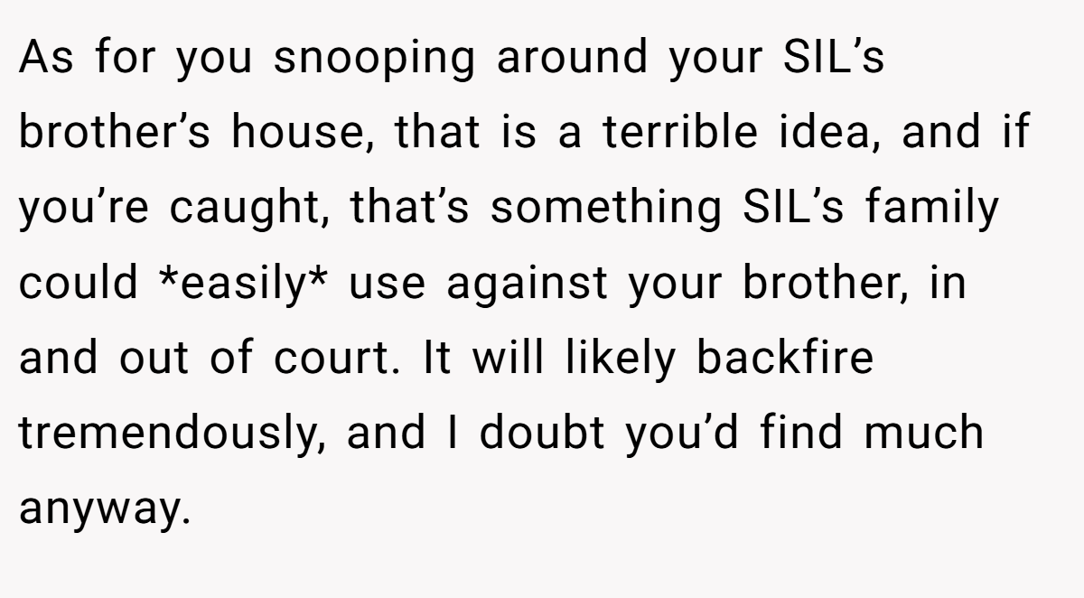 As for you snooping around your SIL’s brother’s house, that is a terrible idea, and if you’re caught, that’s something SIL’s family could *easily* use against your brother, in and out of court. It will likely backfire tremendously, and I doubt you’d find much anyway.