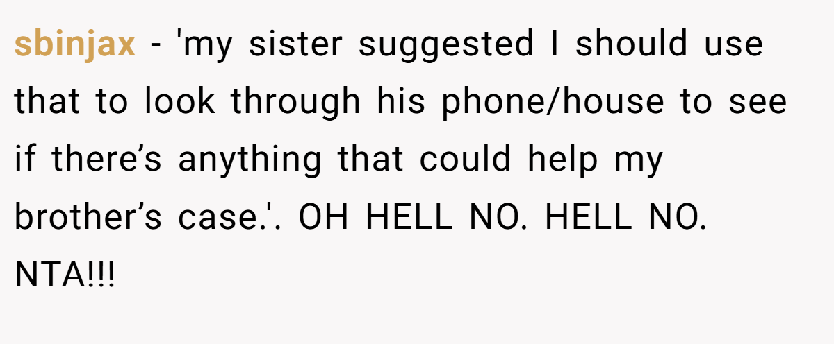 sbinjax − 'my sister suggested I should use that to look through his phone/house to see if there’s anything that could help my brother’s case.'. OH HELL NO. HELL NO. NTA!!!