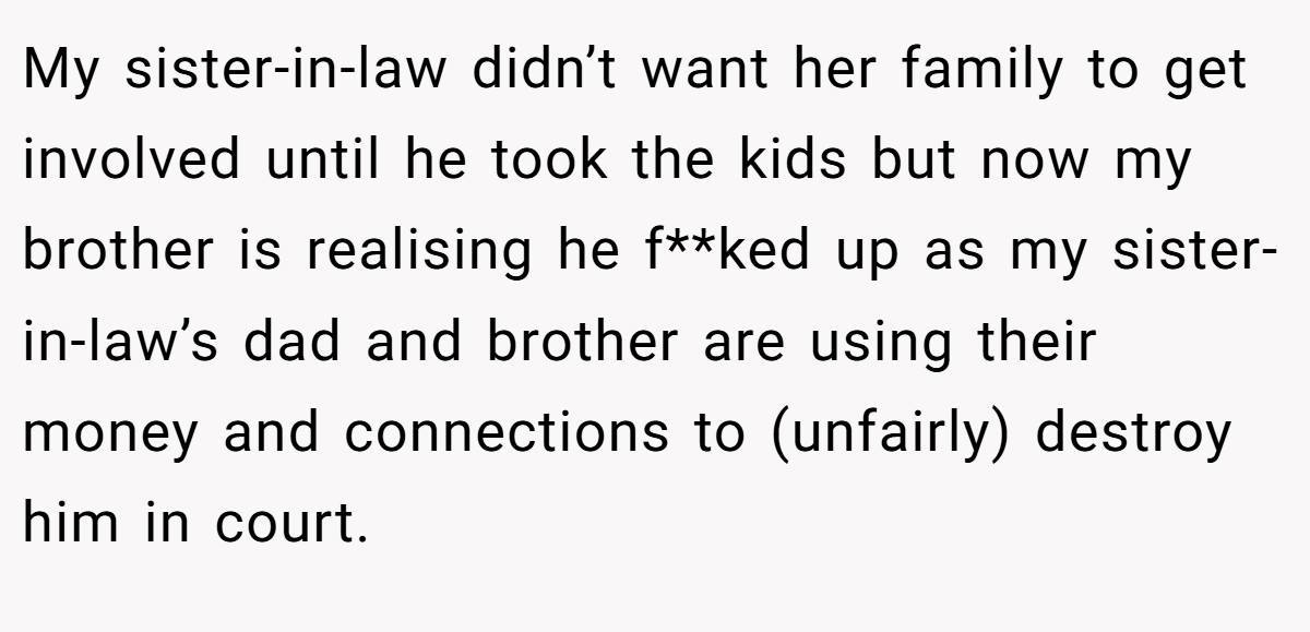 My sister-in-law didn’t want her family to get involved until he took the kids but now my brother is realising he f**ked up as my sister-in-law’s dad and brother are using their money and connections to (unfairly) destroy him in court.