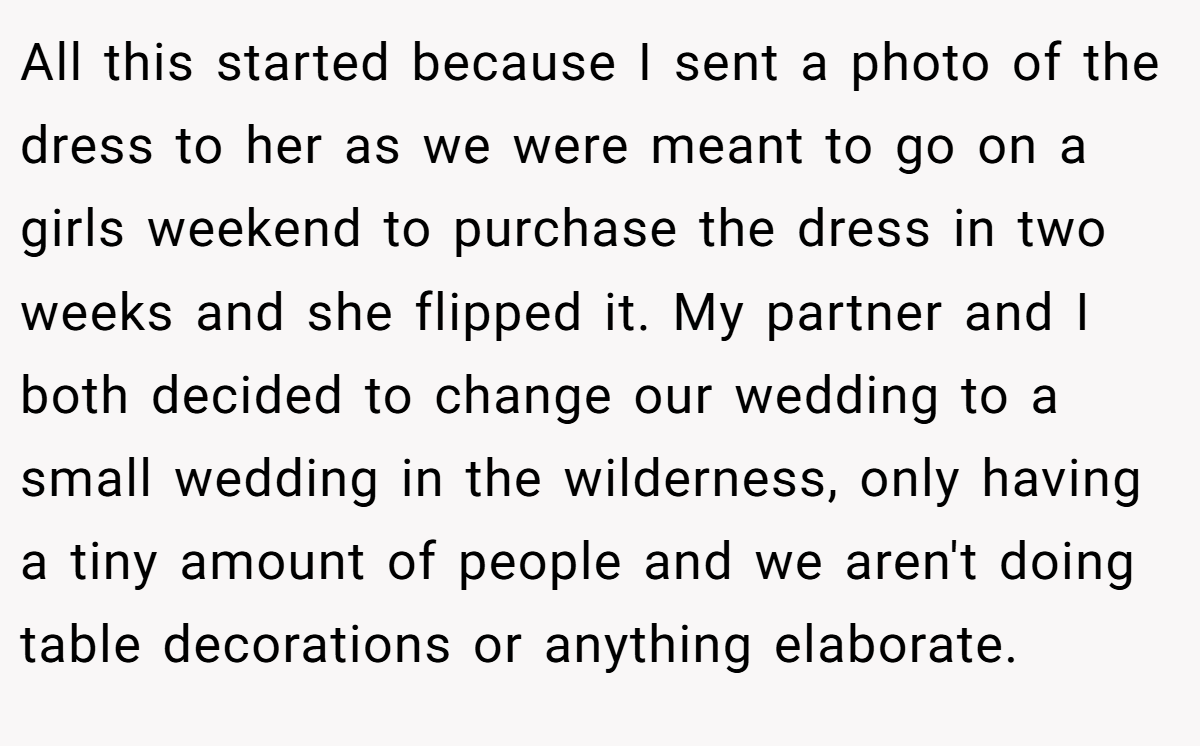 All this started because I sent a photo of the dress to her as we were meant to go on a girls weekend to purchase the dress in two weeks and she flipped it. My partner and I both decided to change our wedding to a small wedding in the wilderness, only having a tiny amount of people and we aren't doing table decorations or anything elaborate.